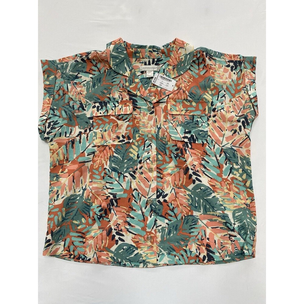 Christopher & Banks Multicolor Leaf Print Short Sleeve Blouse